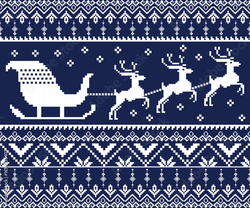 Image of snow falling over christmas pattern on red background. Christmas, festivity, celebration and tradition concept digitally generated image.