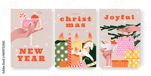 Set of Christmas and New Year 2026 festive cards with cocktails, burning candles, rocking horse toy, holiday gifts, decorated boxes, snow background, modern flat vector design for celebration