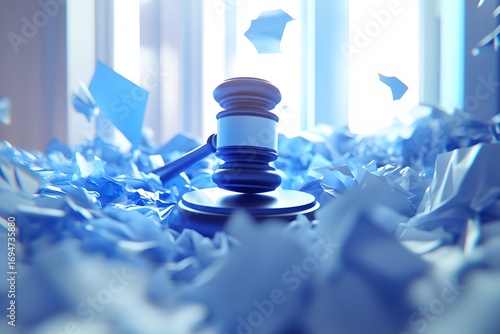 A conceptual image of a courtroom gavel surrounded by crumpled legal papers, with the blurred background suggesting the chaos and disorder of judicial proceedings.