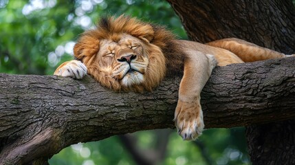 Crédence de cuisine Lion A lion with a mane resting on a tree branch, surrounded by green foliage and a blurred background.  © Nany