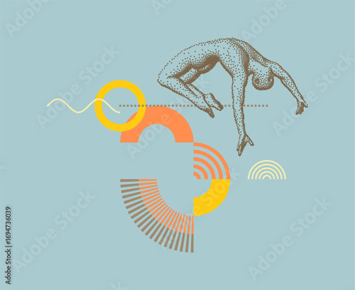 Jumping man. Man in zero gravity. Guy is flying or falling in the air. Art composition. Geometrical background. Vector for cover, card, brochure, presentation, etc.