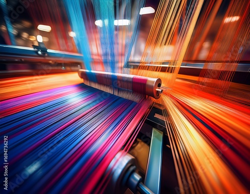 abstract image of a loom at work with blurry motion and vibrant colors depicting the energy and creativity of the textile industry generative ai