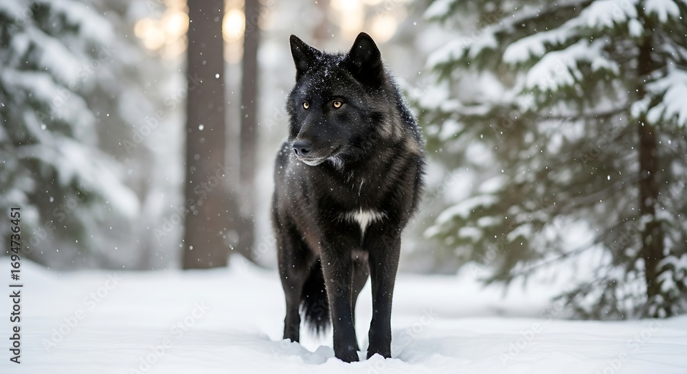 Naklejka premium Black wolf in snowy winter forest.