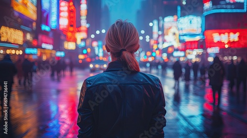 Woman contemplating city lights at night