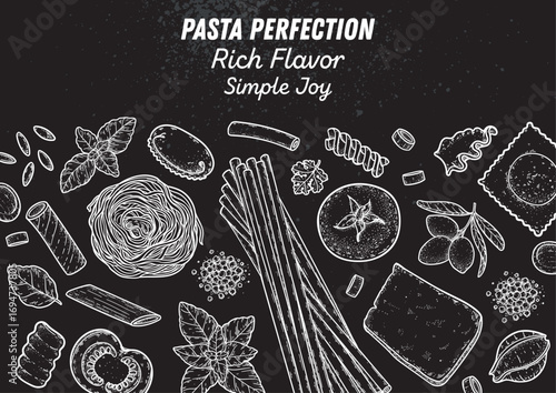 Traditional Italian pasta sketch. Italian food. Staple food. Hand drawn vector illustration. Background for packaging, menu. Top view. Not AI
