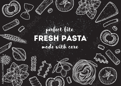 Traditional Italian pasta sketch. Italian food. Staple food. Hand drawn vector illustration. Background for packaging, menu. Top view. Not AI