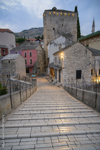 Beautiful evening stroll across the historic Mostar Old Bridge in Bosnia and Herzegovina