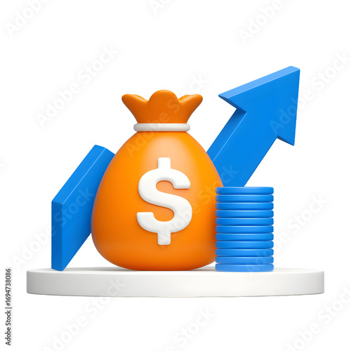 3D Illustration of Money Bag with Increasing Trend