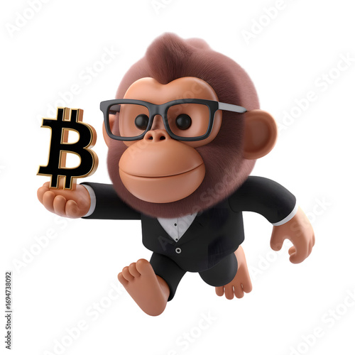Cartoon Monkey in a Suit Holding Bitcoin