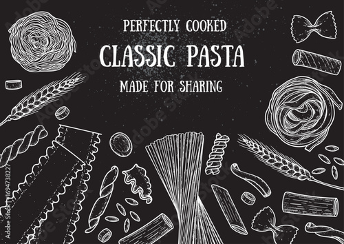 Traditional Italian pasta sketch. Italian food. Staple food. Hand drawn vector illustration. Background for packaging, menu. Top view. Not AI