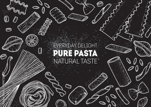 Traditional Italian pasta sketch. Italian food. Staple food. Hand drawn vector illustration. Background for packaging, menu. Top view. Not AI