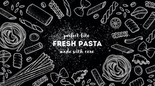 Traditional Italian pasta sketch. Italian food. Staple food. Hand drawn vector illustration. Background for packaging, menu. Top view. Not AI