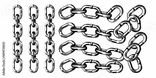 Collection of hand drawn style metal chains on a white background