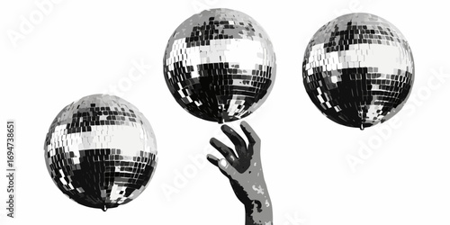 A hand reaching up to touch three sparkling disco balls against a white background