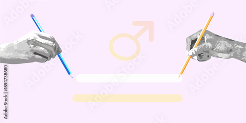 Two hands holding pencils drawing a line and a symbol for male gender equality