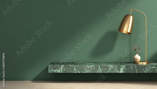 Green wall, marble shelf, gold lamp