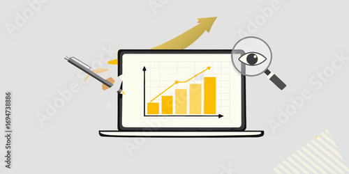 Business growth analysis with laptop chart and magnifying glass observing upward trend