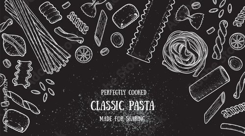 Traditional Italian pasta sketch. Italian food. Staple food. Hand drawn vector illustration. Background for packaging, menu. Top view. Not AI