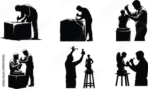 Sculptor Silhouettes in Six Artistic Poses Featuring Stone Carving, Bust Detailing, and Collaborative Work for Creative Design Content