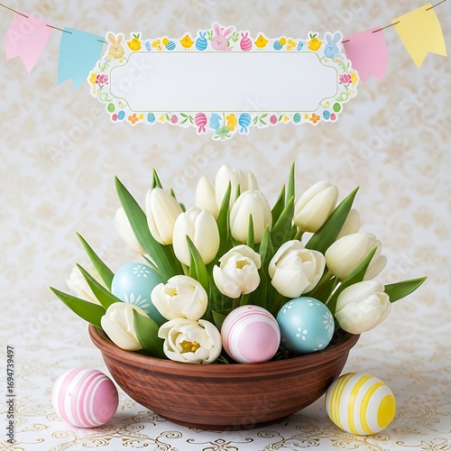 A charming Easter arrangement featuring a decorative banner and a bowl filled with white tulips and pastel-colored eggs.