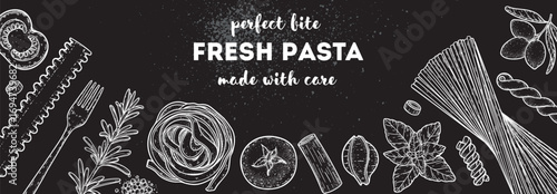 Traditional Italian pasta sketch. Italian food. Staple food. Hand drawn vector illustration. Background for packaging, menu. Top view. Not AI