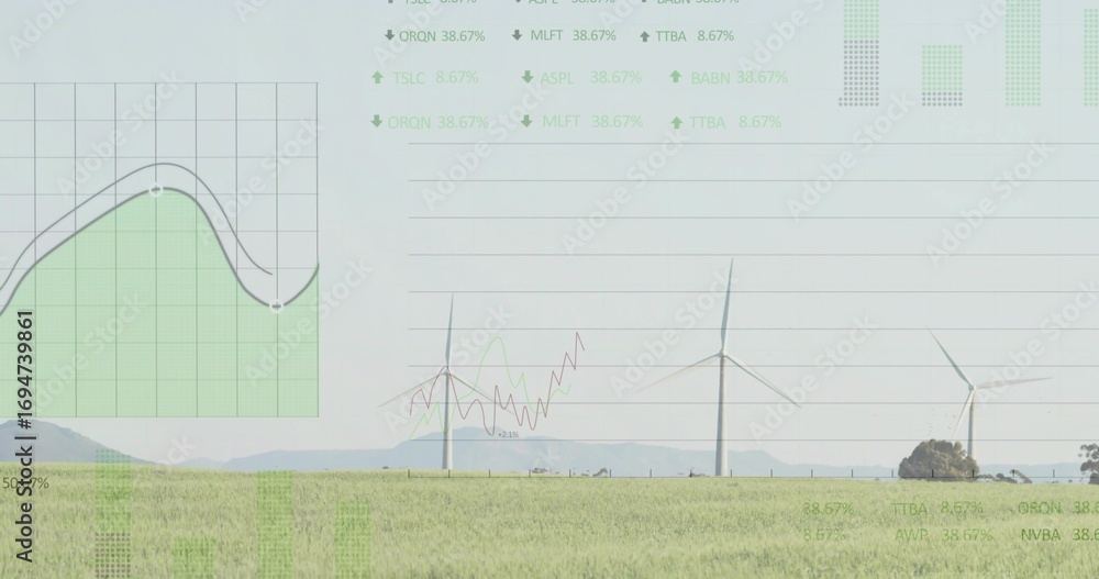 Fototapeta premium Wind farm featuring three rotating turbines in field by hills, with translucent data overlays