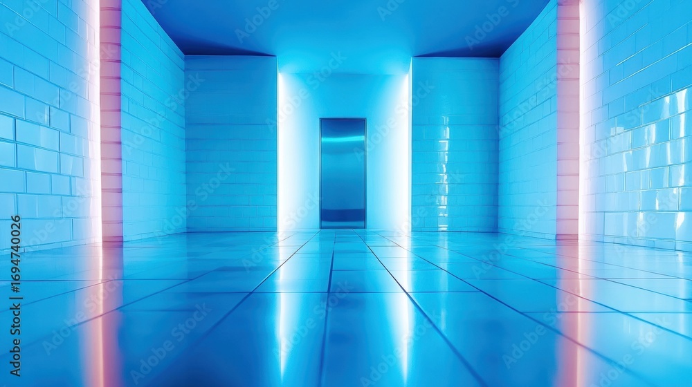 Fototapeta premium Modern hallway illuminated by blue neon lights in minimalistic design
