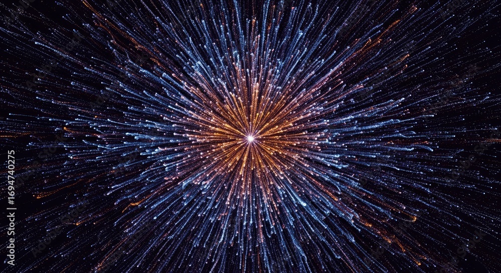 Obraz premium Bright center radiates shimmering blue and gold particle streaks outwards on a dark background forming a dynamic star-like visual display