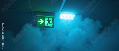 Emergency exit sign blue light smoke safety illumination escape route emergency lighting indoor ceiling direction warning fog visibility alert