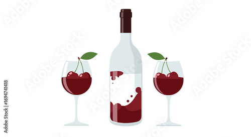 A refreshing presentation of cherry infused wine with two elegant glasses and a full bottle centered