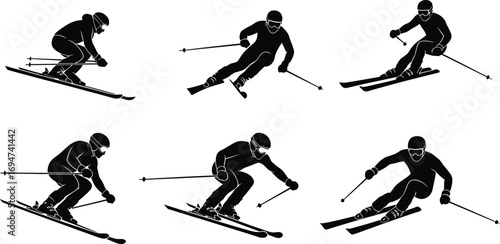 Skier Silhouettes in Varied Downhill Poses with Ski Poles on White Background for Winter Sports and Design Content