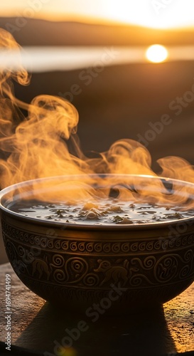 Steaming hot soup in a decorative bowl, bathed in golden sunset light, creates a warm and inviting scene.