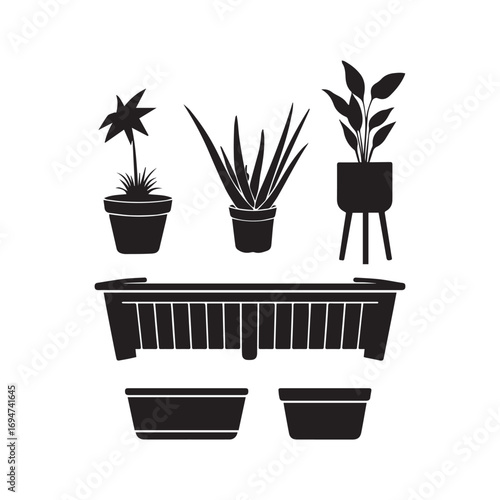 Set of green plants in pots with leaves and flowers for decoration and gardening