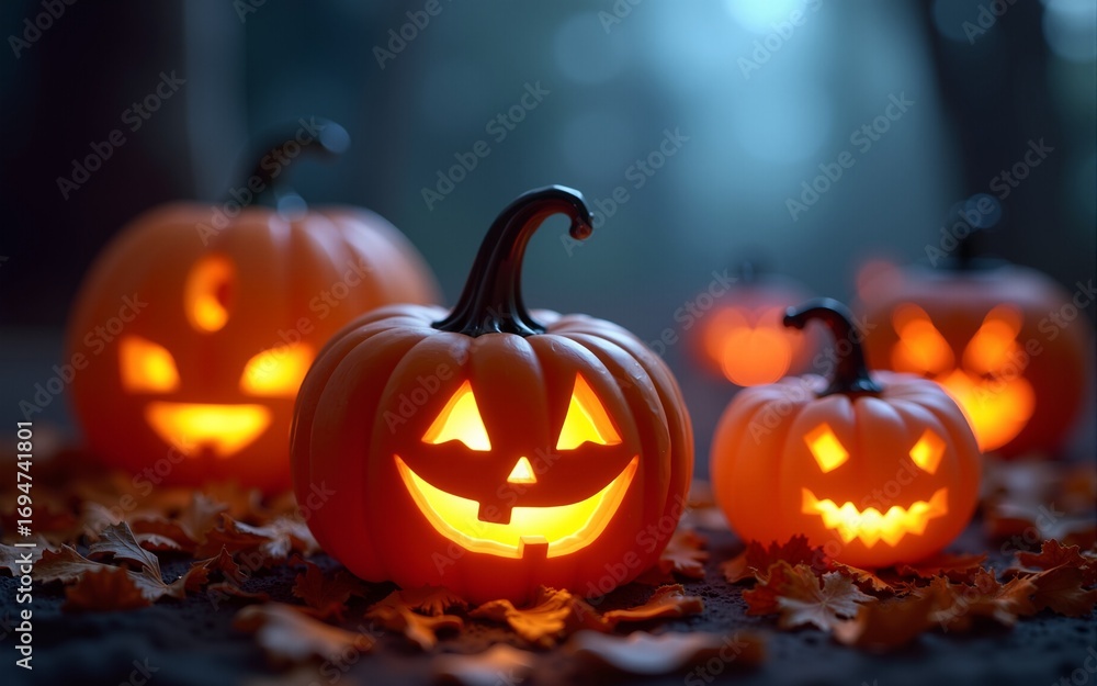 Fototapeta premium Jack O' Lanterns Glowing In Fantasy Night. Halloween Background. High quality