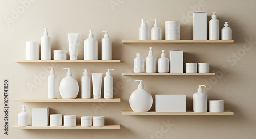 Empty white cosmetic containers and packaging on light beige wooden shelves.