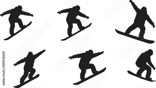 Snowboarder Silhouettes in Varied Action Poses Including Jumps, Landings, and Balancing on White Background for Sports Design Content