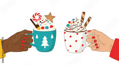Two hands holding delicious hot chocolate drinks with whipped cream and festive toppings during winter season celebration