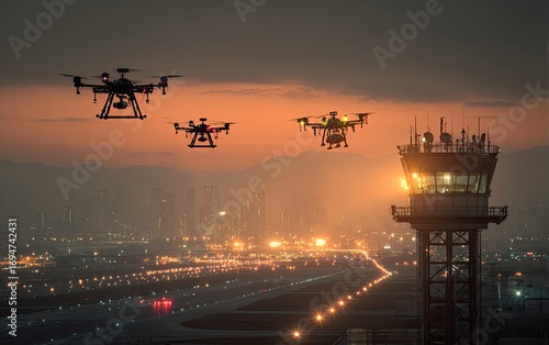 Drones over a city at sunset near an airport