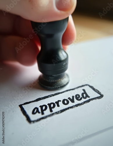 Hand applies official rubber stamp with word approved onto white document. Finalization of process, granting permission authorization for business legal matter. Image represents official validation,
