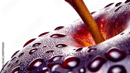 Close-up of red apple with stem on seamless background, captured in 4K with 50mm macro lens, natural daylight highlighting smooth curvature and subtle surface imperfections