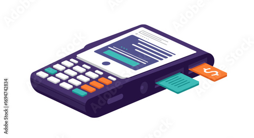 Modern isometric card reader with payment icons and colorful buttons