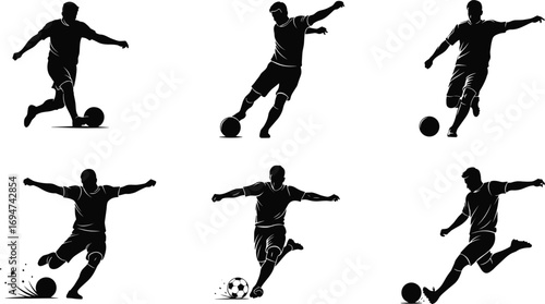Soccer Player Silhouettes in Six Dynamic Kicking and Dribbling Poses with Ball and Motion Effects for Sports Design Content