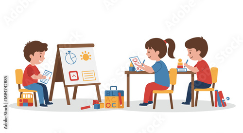 Children engaged in classroom activities and learning with fun educational tools