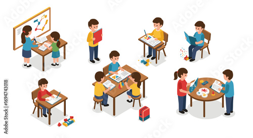 Isometric classroom activities with children reading, writing, and collaborating