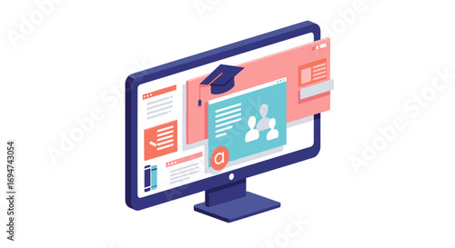 Isometric online learning concept with computer and educational elements