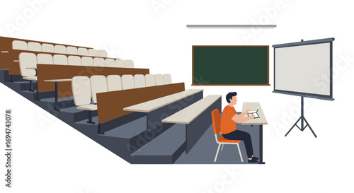 Modern classroom with a student using tablet in a lecture hall