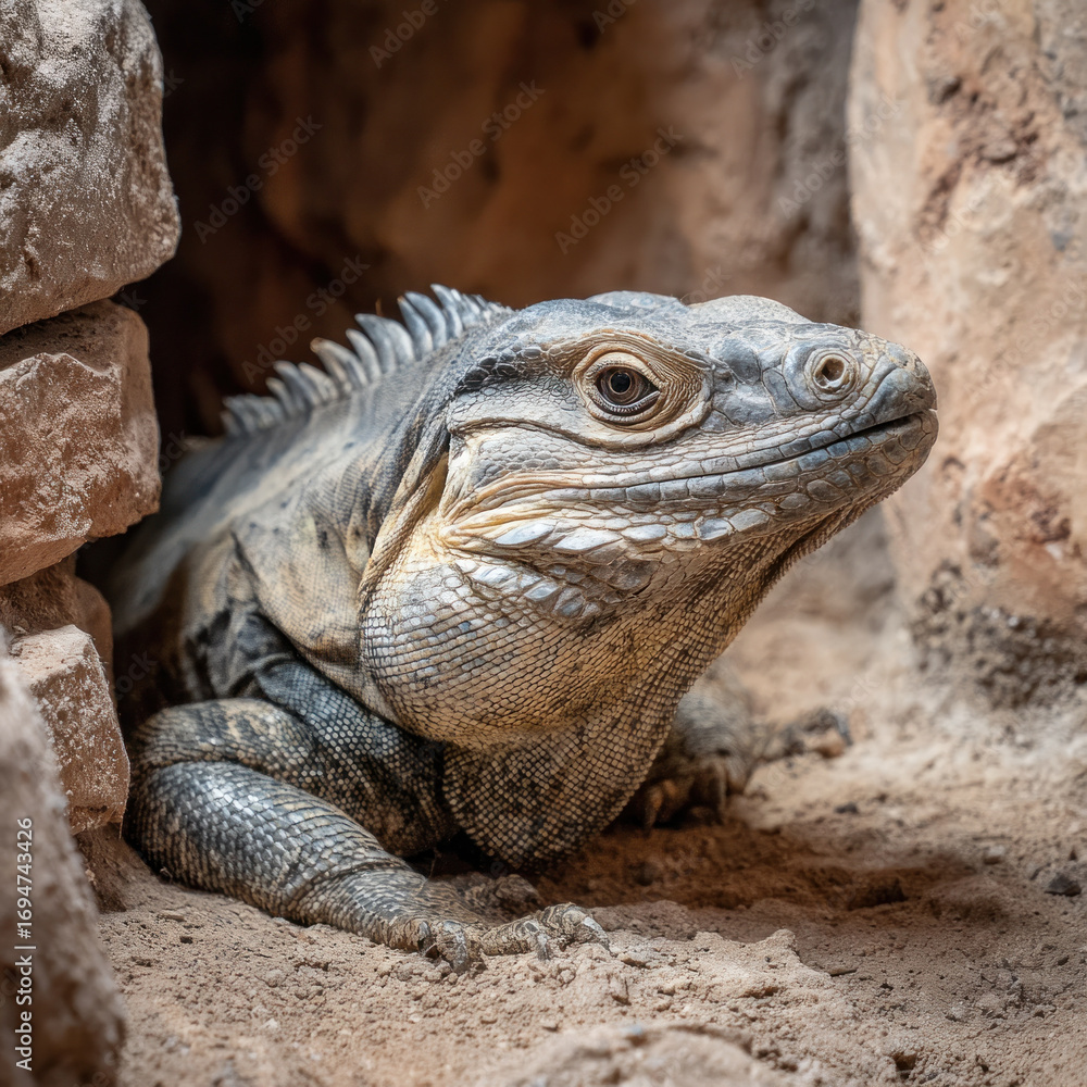 Fototapeta premium Lizard is resting in a warm, rocky environment with sunlight illuminating its textured skin and surroundings