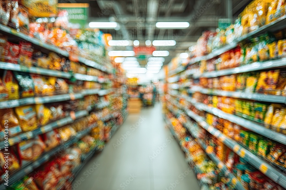 Fototapeta premium Blurred supermarket aisle with snacks (3)