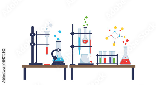 Colorful laboratory equipment in flat design: beakers, flasks, and test tubes