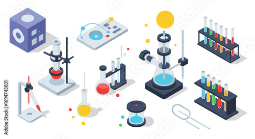 Isometric laboratory equipment set with test tubes and beakers in science lab